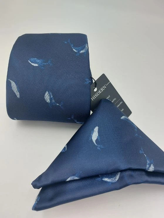 Silk Navy Blue Whale Necktie and matching Handkerchief
