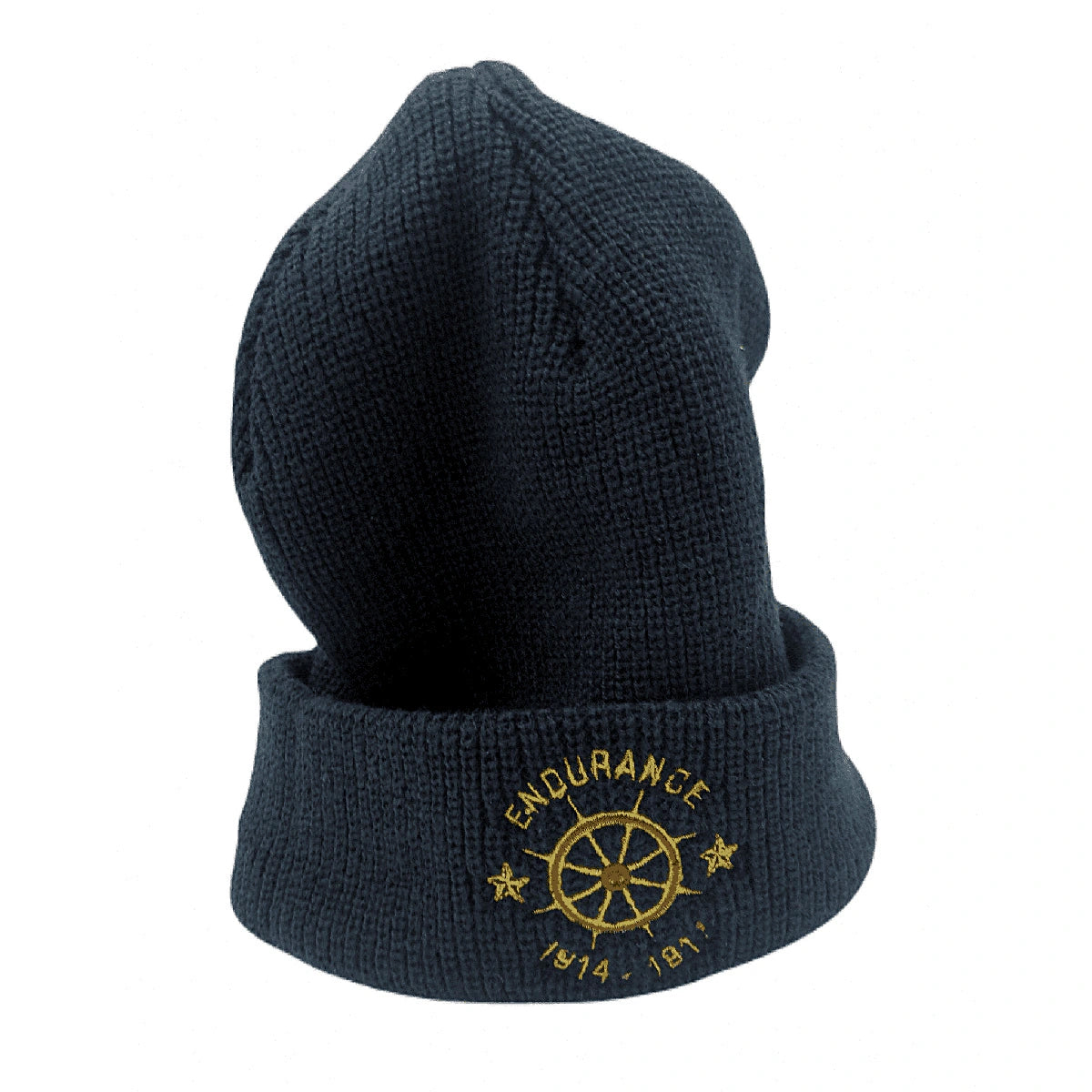 Navy blue knit beanie with embroidered design on a white background
