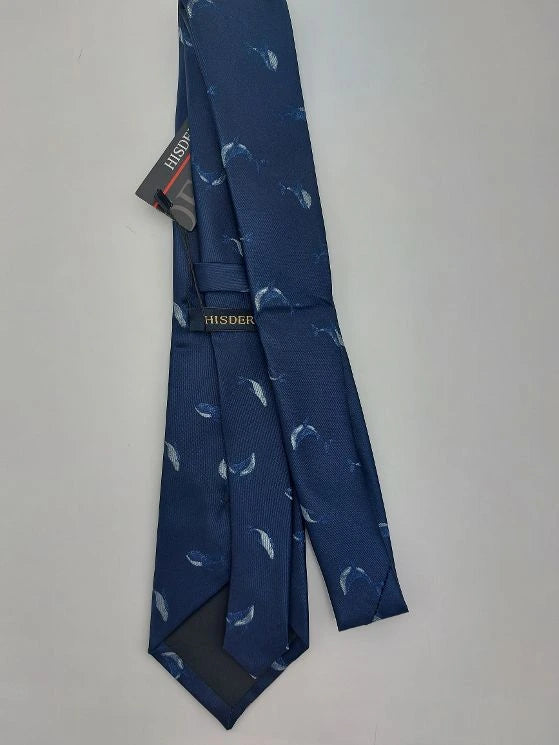 Silk Navy Blue Whale Necktie and matching Handkerchief