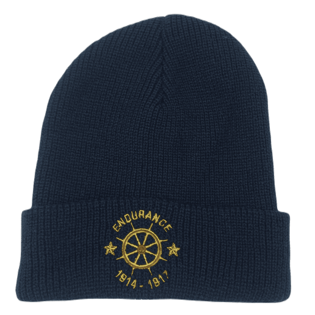Navy blue beanie with yellow emblem and text on a white background