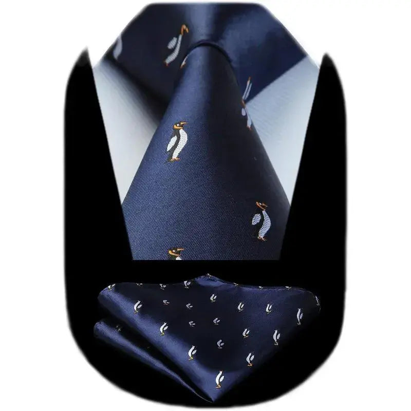 Silk Navy Blue Penguin Necktie and matching  Handkerchief