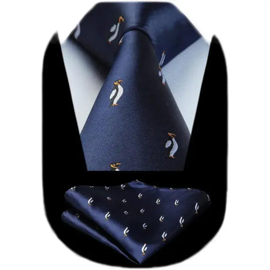 Silk Navy Blue Penguin Necktie and matching  Handkerchief