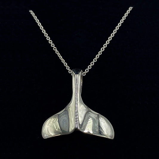 Silver whale tail pendant and chain in gift box
