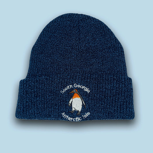 Blue knit beanie with embroidered penguin design on a light blue background